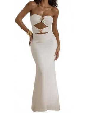 Ivory Strapless Cutout Maxi Dress with Gold Floral Embellishments